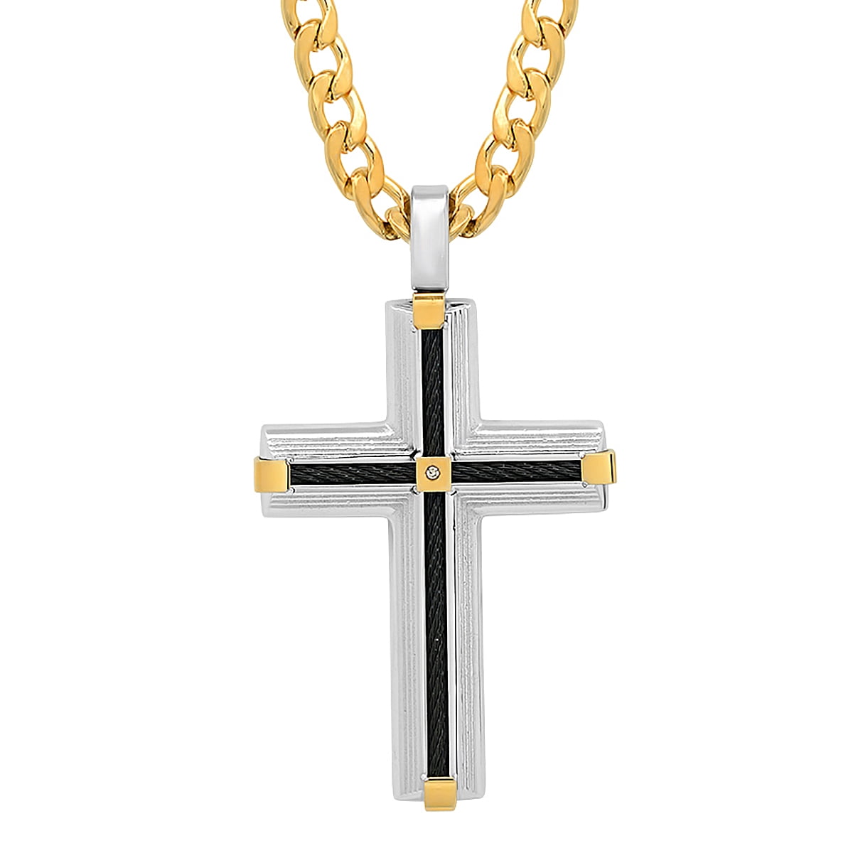 Men's Tri-colored Black ip Cross Pendant with 18k Gold Plating and Simulated Diamond