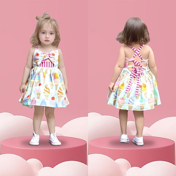 Dress Girls Size 2-3Y Youth Ice Cream Print Sleeveless Square Neck Beach Dress Dresses for Girls