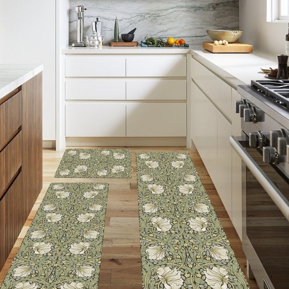 William Morris Vintage Floral Kitchen Rugs Sets of 3,Non Slip Rubber Kitchen Mats for Floor Farmhouse Washable Kitchen Area Rugs Floor Carpet Runners for Hallway Laundry Room,Sage Green/Yellow
