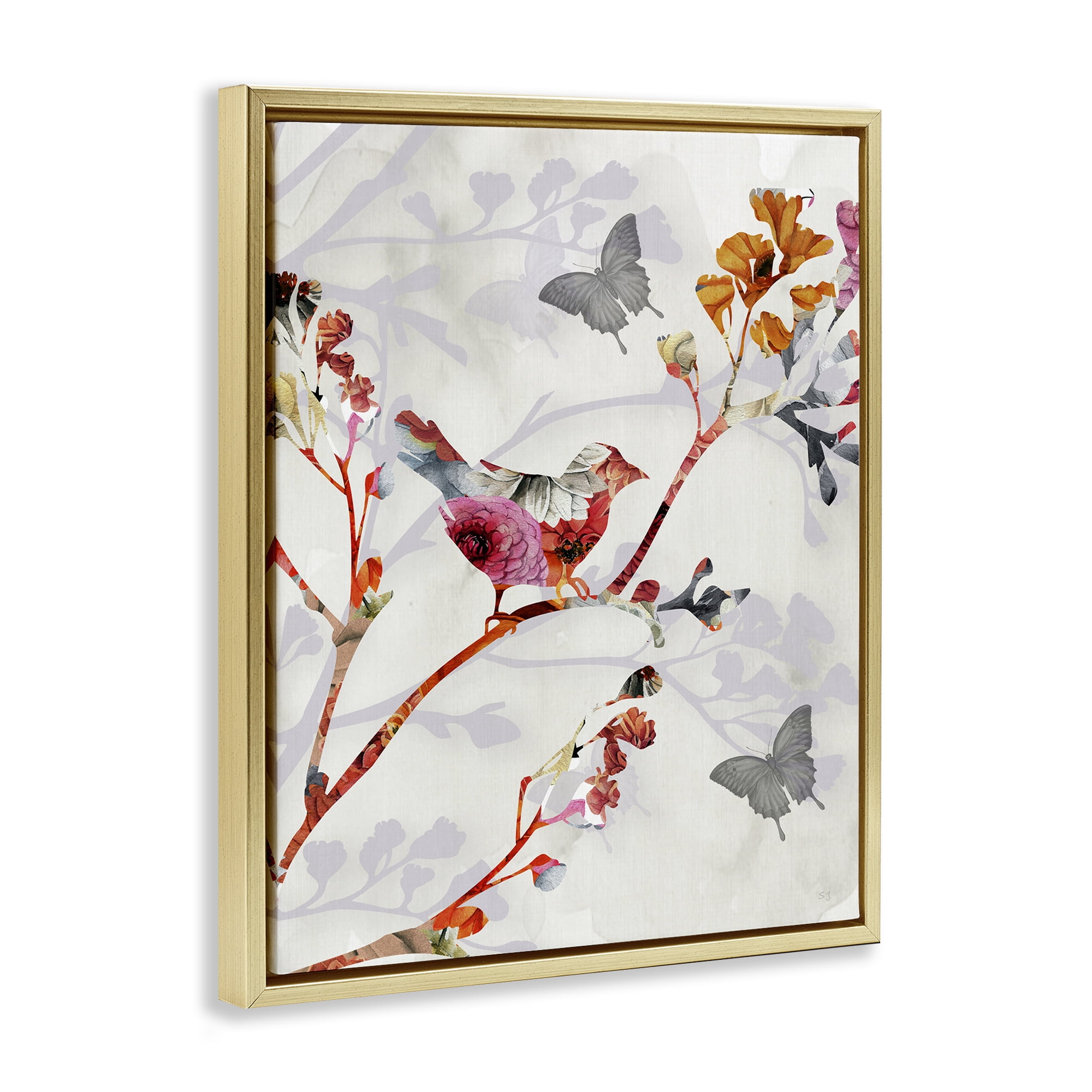 Stupell Industries Birds & Butterflies Nature Landscape Painting Gold Floater Framed Canvas Art Print Wall Art, 25 x 31