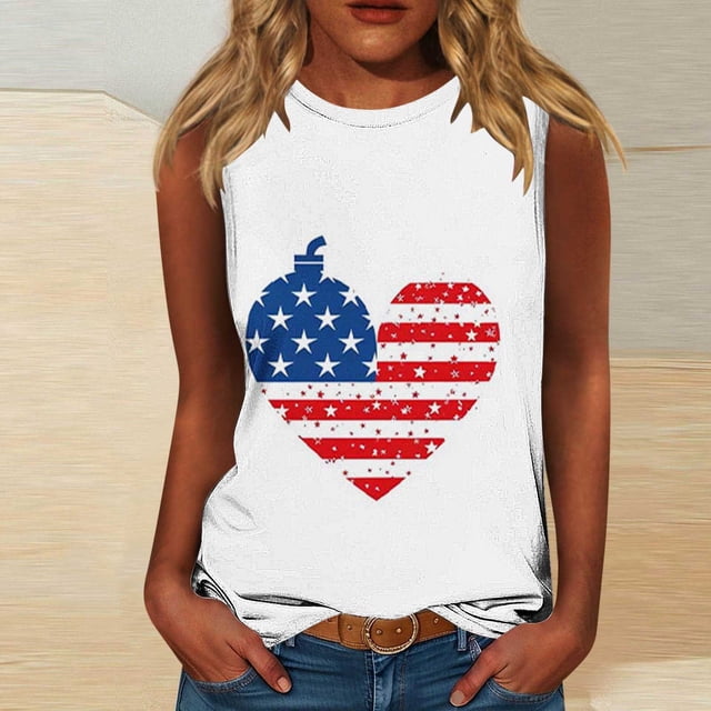 Frostluinai T-Shirts Sans Manches à Rayures Star USA pour Femmes, Jour de l'Indépendance, Col Rond, Grande Taille, Liquidation