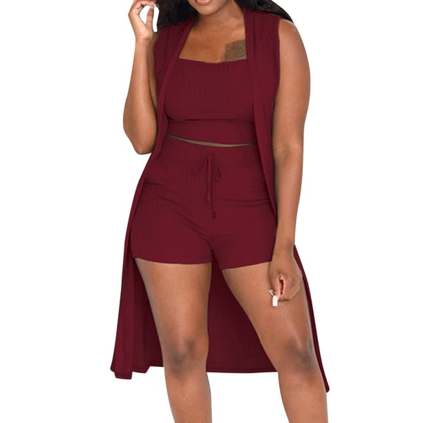Conjunto de 3 piezas para mujer con chaleco sin mangas acanalado y pantalones cortos: conjunto informal elástico de color liso para salir de fiesta o para el día a día (tallas S-XXL)