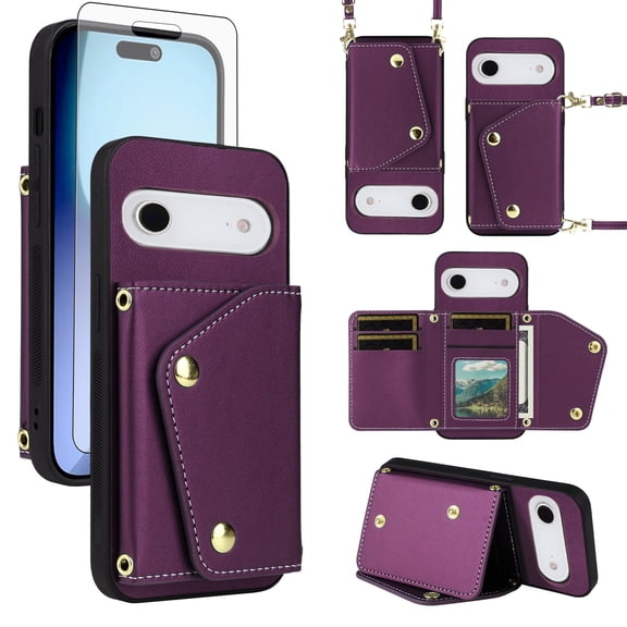 Furiet Wallet Case for iPhone 17 Air 6.5 inch with Tempered Glass Screen Protector Slim Flip Purse Shoulder Strap, Luxury PU Leather Card Holder Stand Phone Cover for i Phone17 i17 17Air Deep Purple