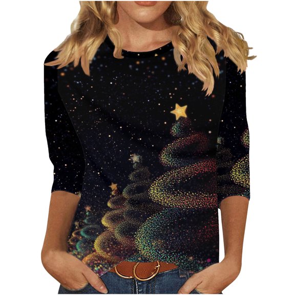 Makaor Womens Fashion Tops Plus Size Crew Neck Shirts Christmas Tree Graphic 3/4 Sleeve Pullover Tees Cute Vacation Clothes