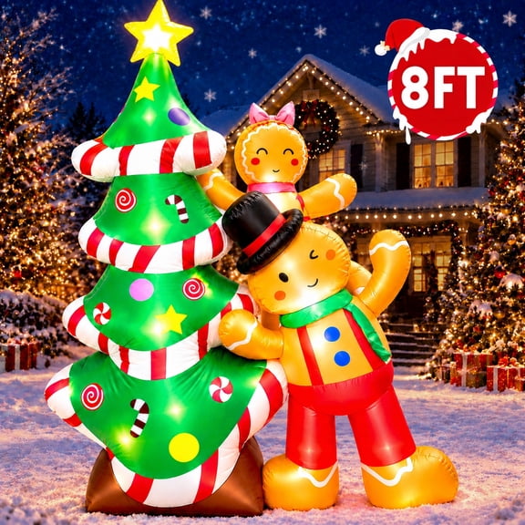 GVDV 8FT Christmas Inflatables Outdoor Decorations, Blow Up Yard Decoration(Gingerbread Man & Christmas Tree)
