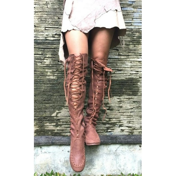knee high string up boots