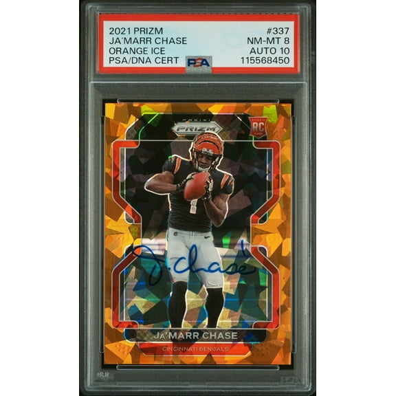 Ja'Marr Chase 2021 Panini Prizm Orange Ice Signed Football Rookie Card #337 Graded PSA 8 Auto 10 Cert # 115568450