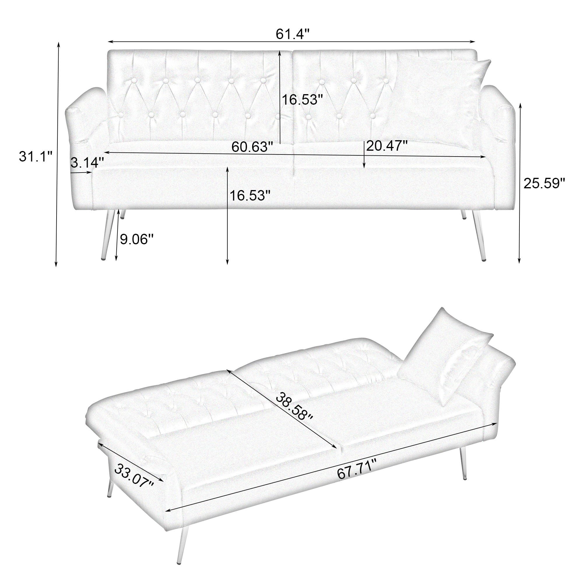 DEALTOPS Convertible Futon Sofa Bed, Faux Leather Loveseat Couch with Adjustable Armrests and backrests, Black