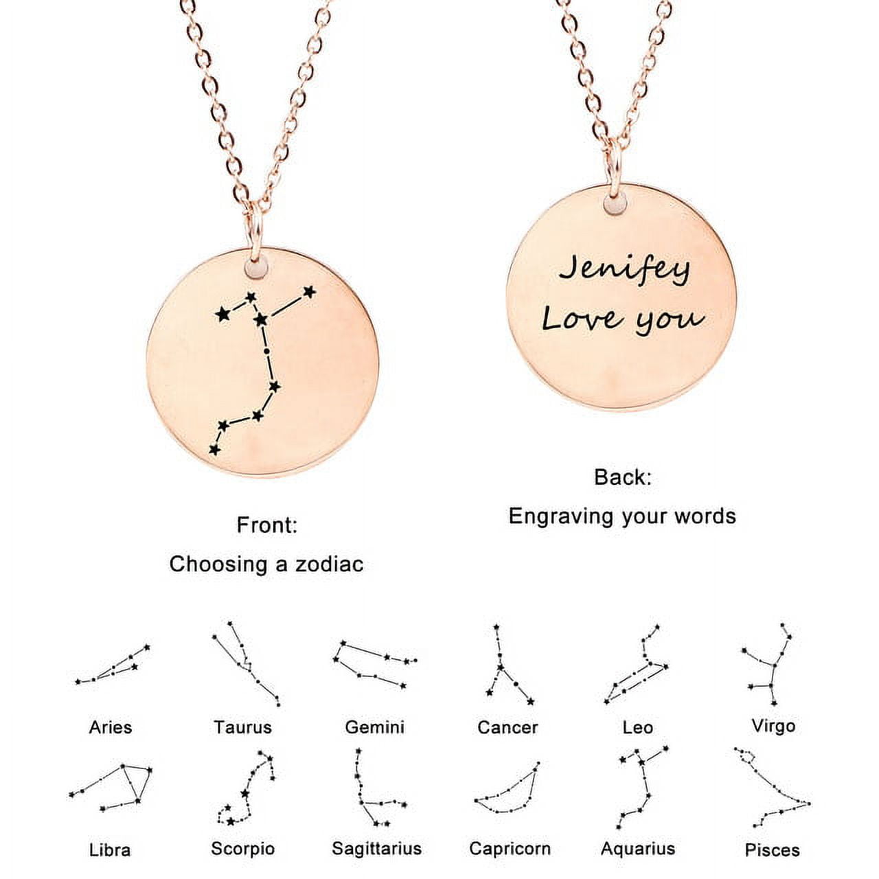 Zodiac Jewelry - Horoscope Constellation Necklace - Zodiac Birthday Gift with Back Can Engraved Name - Zodiac Gift for Girl