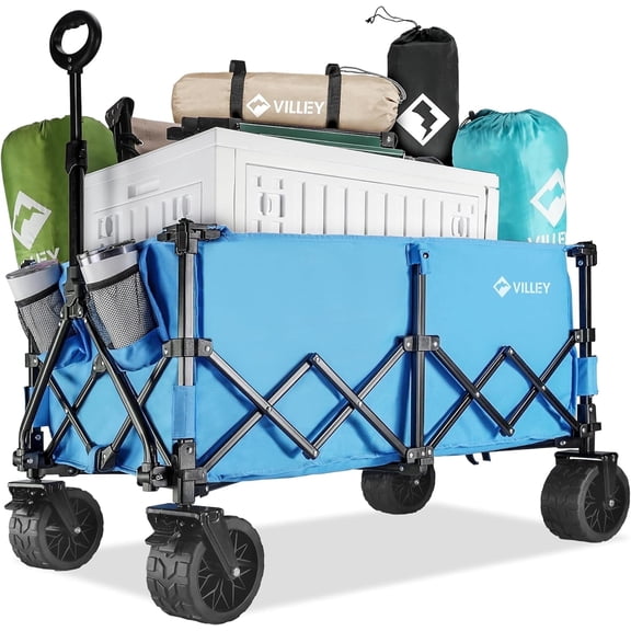 VILLEY 220L Folding Wagon Cart, 330 lbs Heavy Duty Collapsible Utility Wagon with All-Terrain Wheels for Camping, Beach, Garden, Blue