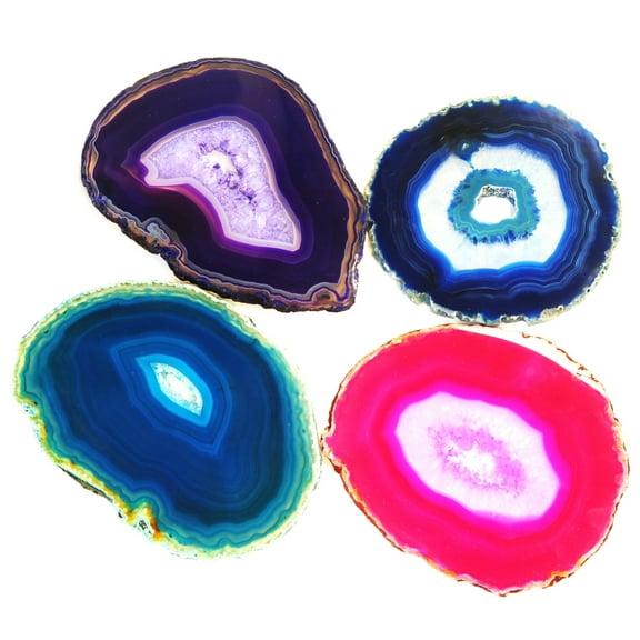 JIC Gem Dyed Multiple color Agate Coasters 4 Pcs in Blue Teal Purple Pink, with Rubber Bumper 4-5" with free Rubber Bumper, Home Décor, Kitchen Décor, Good Gift