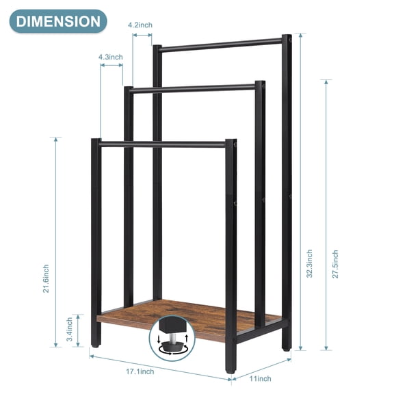 Brown Freestanding 3-Tier Towel Rack with Bottom Storage Shelf Bathroom Organizer for Towels, Toiletries & Linens