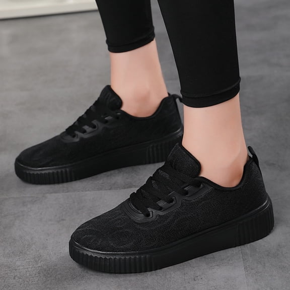 Domuza Women's Solid Black Mesh Platform Sneakers, Breathable Lace Up Low Top Walking Shoes for Daily Casual Outdoor Wear Black 8.5(EU-41)