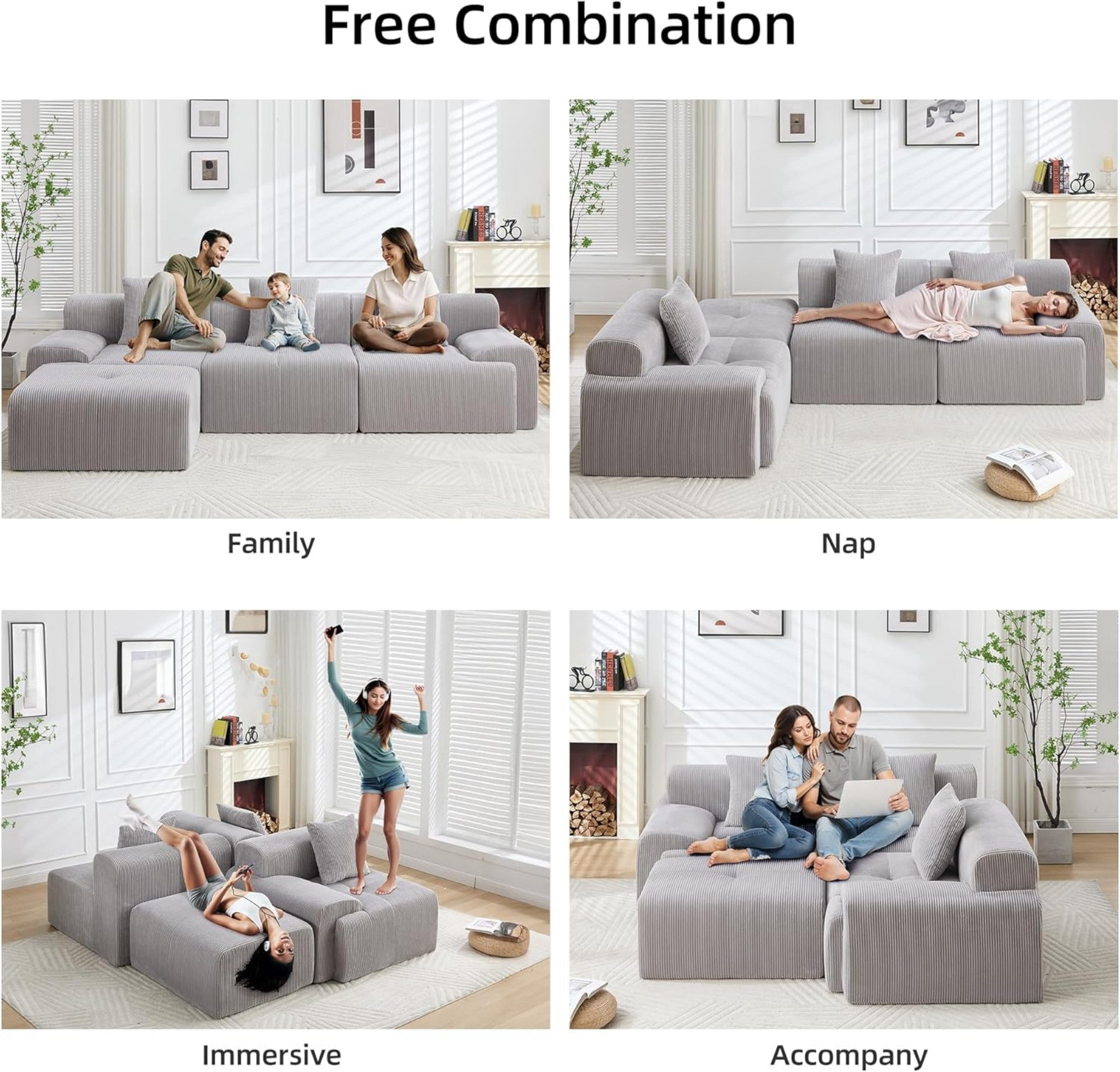Sailvan 118"" Modern L-Shaped Modular Sectional Sofa, Corduroy Boneless Cloud Couch with Deep Seat and Moveable Ottoman, No Assembly Required
