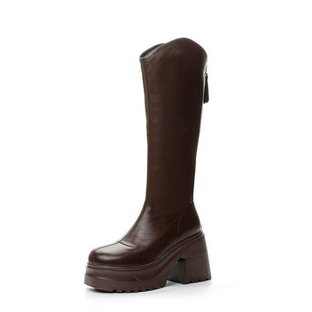 

HHH with 10cm Small below the Knee Knight Boots Female 2024 Autumn and Winter Thick Bottom Skinny Boots All-Matching Wellingtons