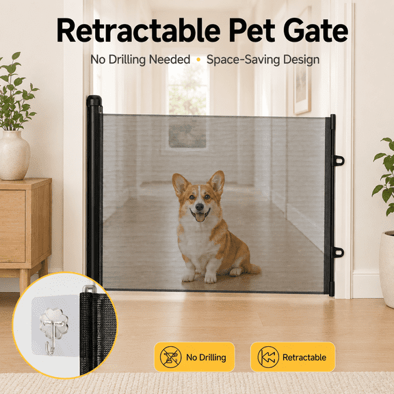 Retractable Pet Gate, 70.9"W x 30.7"H Mesh Dog and Cat Gate with No-Drill Adhesive Mounting, Adjustable Width Indoor Barrier for Doorways Hallways Kitchen Bedroom, Black