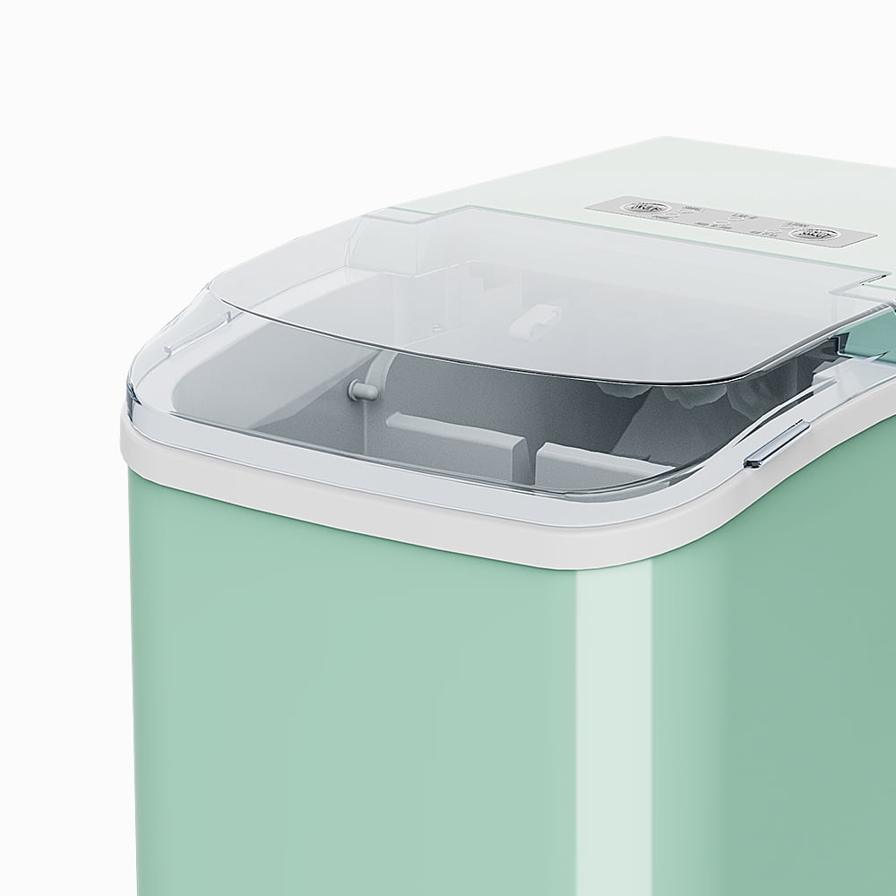 Portable Self Cleaning Countertop Ice Maker Machine, 6 Mins/9 Pcs, 26.5lbs/24Hrs, 2 Sizes of Bullet Ice, Ideal for Kitchen, Office, and Parties, Stainless Steel Green Ice Maker with Scoop and Basket