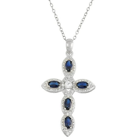 Created Blue and Created White Sapphire Sterling Silver Cross Pendant, 18