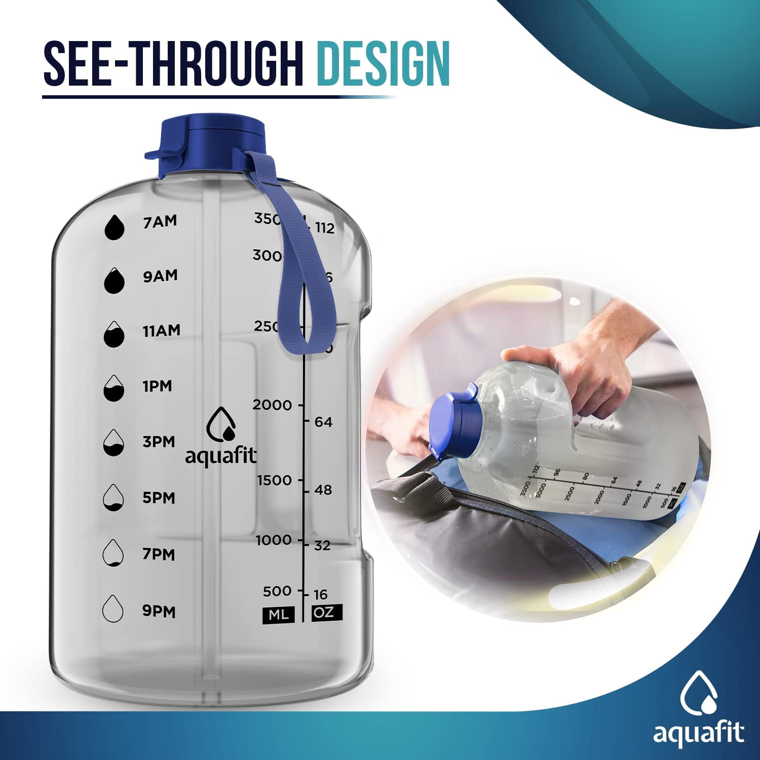 AQUAFIT - Water Bottle with Straw - Motivational Water Bottle, Big Water Bottle with Time Marker - 1 Gallon, Clear