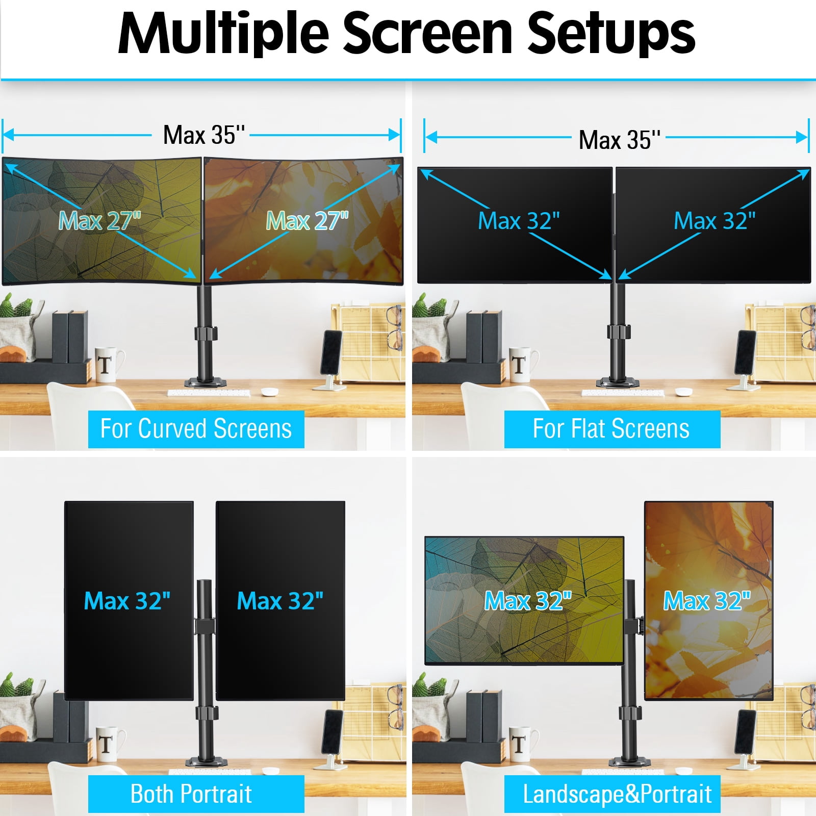 HOMOUNT Dual Monitor Desk Mount for Max 32 Inch, Adjustable Dual Monitor Arm for 2 LCD Screens, Monitor Stand with C-Clamp and Grommet Base, up to 17.6lbs