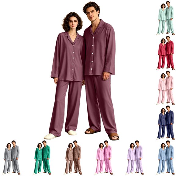 Matching Pajamas for Couples Button Down Solid His and Hers Pajamas Sets Sleepwear Long Sleeve Soft Loungewear 2 Pcs Pj Set Red XXXL