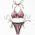 thumbnail image 4 of UTSJKR Women's 3 Piece Shiny Metallic Swimsuit Sexy Triangle Bikini Tie Side Thong Festival Outfit with Drawstring Mini Skirt Pink XL, 4 of 5