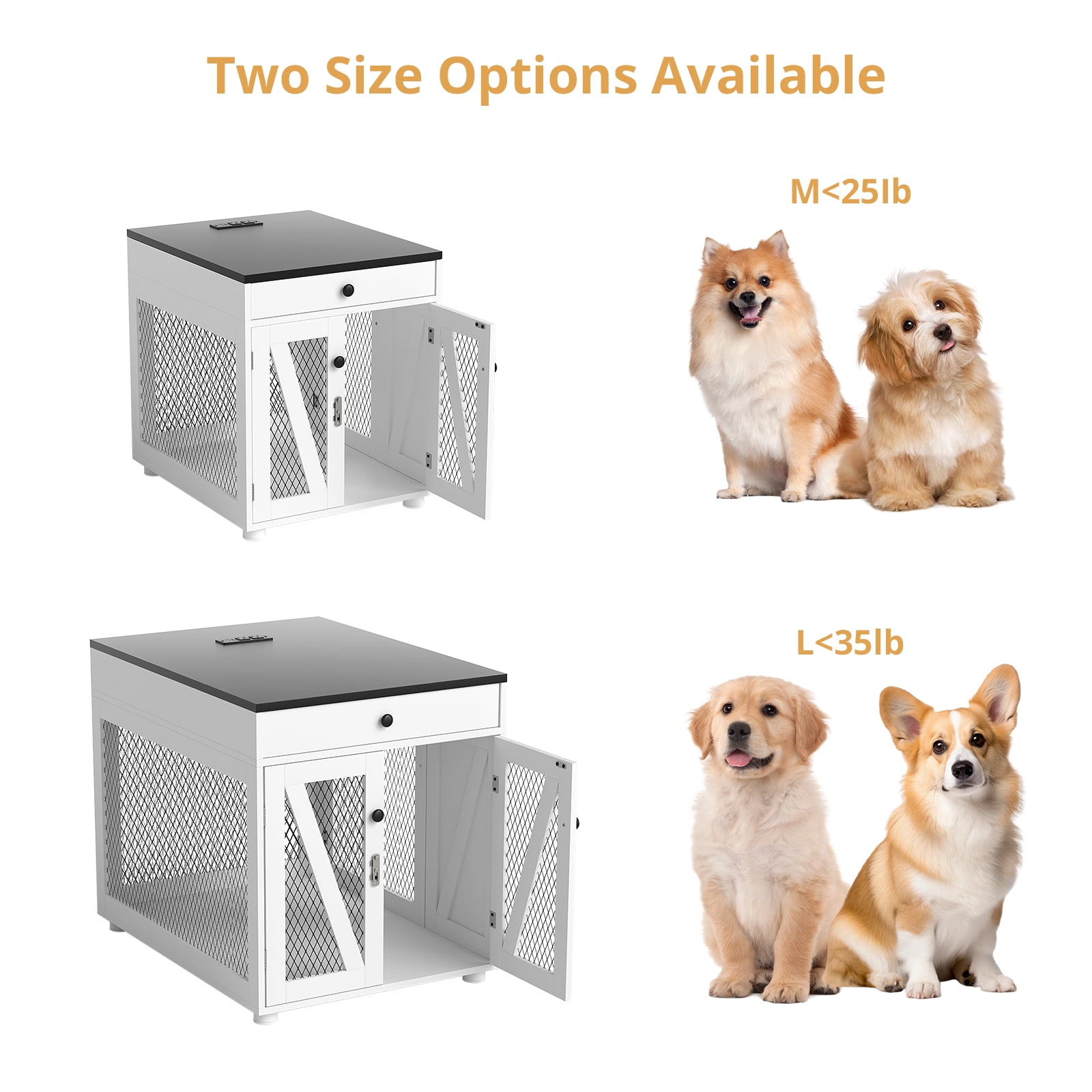 RichYa Furniture Style Dog Crate End Table, Wooden Dog Kennel with Dual USB Charging Station, for Small Dogs Under 25 lbs Indoor Use, White, S Size