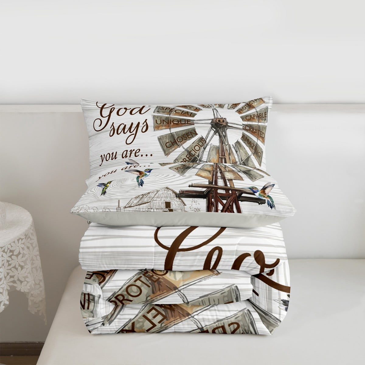 Farmhouse Windmill Comforter Set, Rustic Hummingbird Bedding Set , Farm Cow Rooster Animal Bedding Comforter Sets Western Vintage Wooden Barn Quilt Farmhouse Gifts For Women, Full