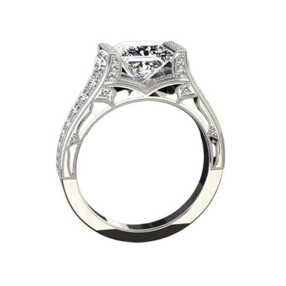 HeartsAndYou 4ct Princess Moissanite Dual Row Accent Solitaire Vintage Inspired Ring 18k White Gold over Silver