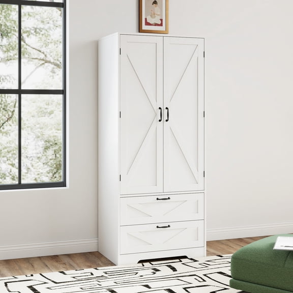 Wooden Wardrobe Closet, 65.3" Clothing Storage Cabinets with 2 Doors, and 2 Drawers, Wardrobe Cabinet with Hanging Rod for Bedroom, Gym, Cloak Room