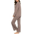 thumbnail image 5 of Uaswgudfs Women's Striped Pajama Set V-Neck Long Sleeve Loose Loungewear Top & Pants 2-Piece Casual Sleepwear Outfit for Women Daily Wear & Sleeping Brown L, 5 of 7