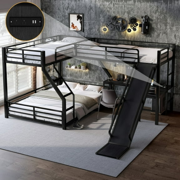 L-Shaped Twin XL over Queen Bunk Bed with Twin Size Loft Bed, Metal Triple Bunk Bed with Slide and USB Ports, Space-saving and Noise-free Design, Black