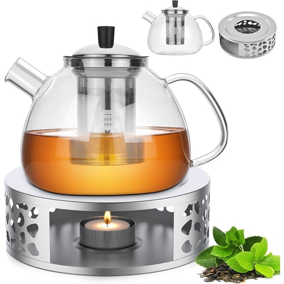 Teapot with Infuser, 1500 ML Glass Teapot + Candle Tea Warmer, Glass Teapot with Warmer, Removable Infuser and Stainless Steel Filter, Gifts and Home Decor