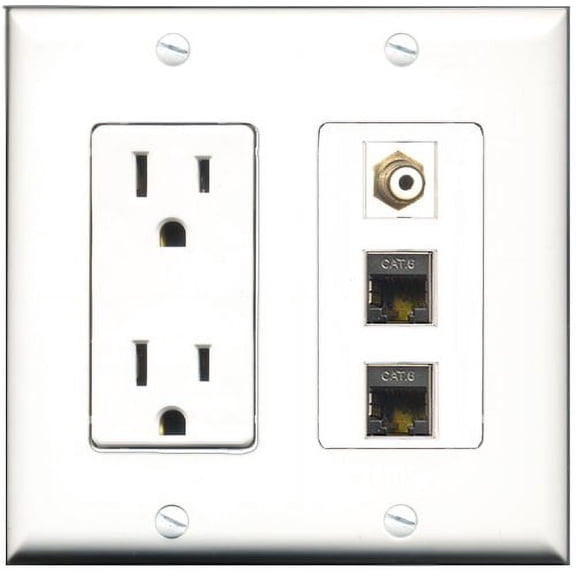 RiteAV - 15 Amp Power Outlet 1 Port RCA White 2 Port Shielded Cat6 Ethernet Ethernet Decorative Wall Plate