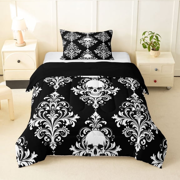 Homewish Spooky Halloween Skull Twin Comforter Sets,Retro Damask Bedding Set,Black White,Black Reversible,2pcs,1 Comforter and 1 Pillowcase