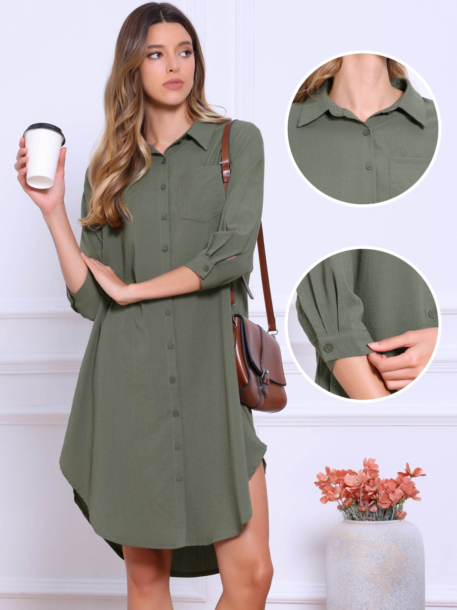 DARING DIVA Button Down Shirt Collar 3/4 Sleeve Shirts Dress XS Army Green