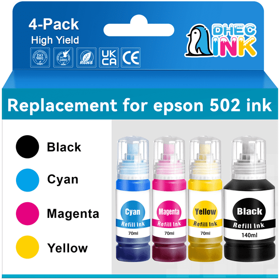 DHECINK Ink Refill Bottles Replacement for Epson 502 Ink Bottles (4 Pack)