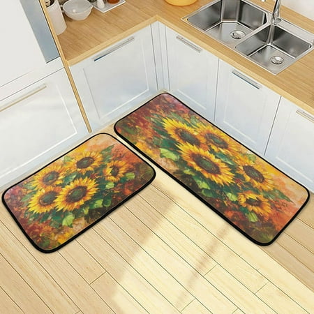

Wobogo Sunflower Bouquet Kitchen Carpet Set of 2 Absorbent and Stain Resistant Non-slip Star Rubber Backing