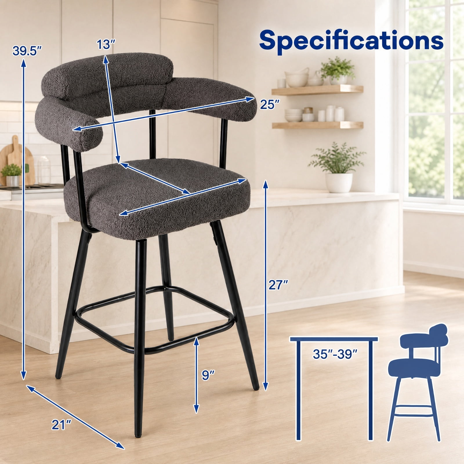 Furnibear Swivel Bar Stool Set of 2 Counter Height Chairs with Curved Back and Arms for Kitchen Island Counter Bar Pub Dining Home, Grey