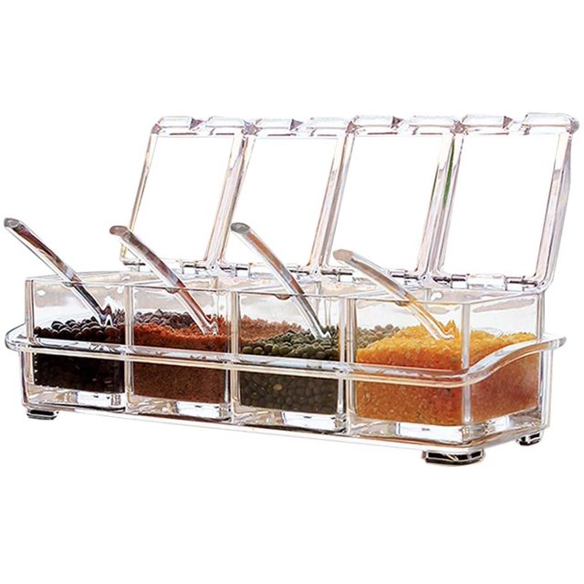 juego de caja de condimentos acrílicos, caja de almacenamiento de tarros de condimentos, vinagrera con tapa y 4 cucharas, utensilios de cocina JFHHH pequeña
