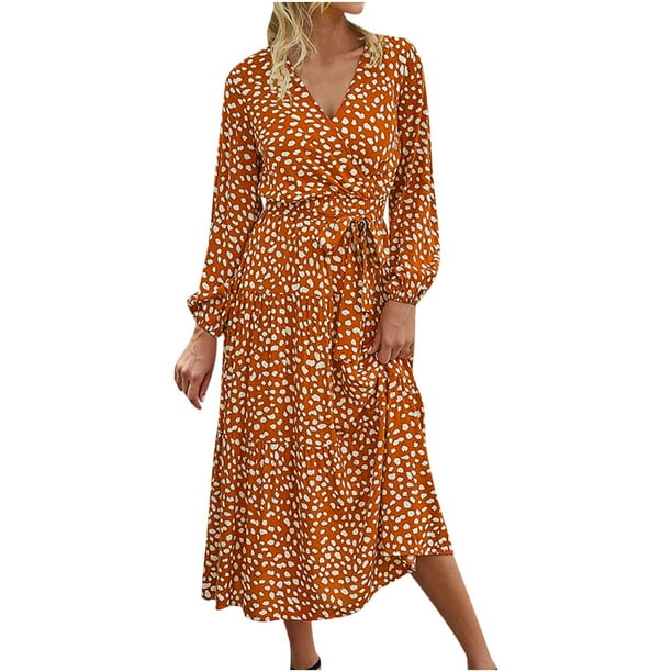 Moda Casual Vestido con cuello en V Manga larga Mujer Vestido estampado Mujer Vestidos largos Pompotops hdfakjf8179
