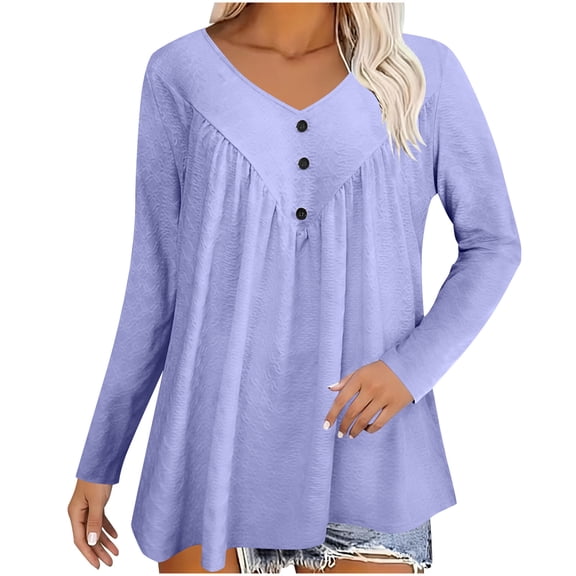 Lenpel Women's Plus Size Tops Long Sleeve V Neck Pleated Textured T Shirts Loose Tunic Tees Dressy Casual Blouses(Purple,X-Large)
