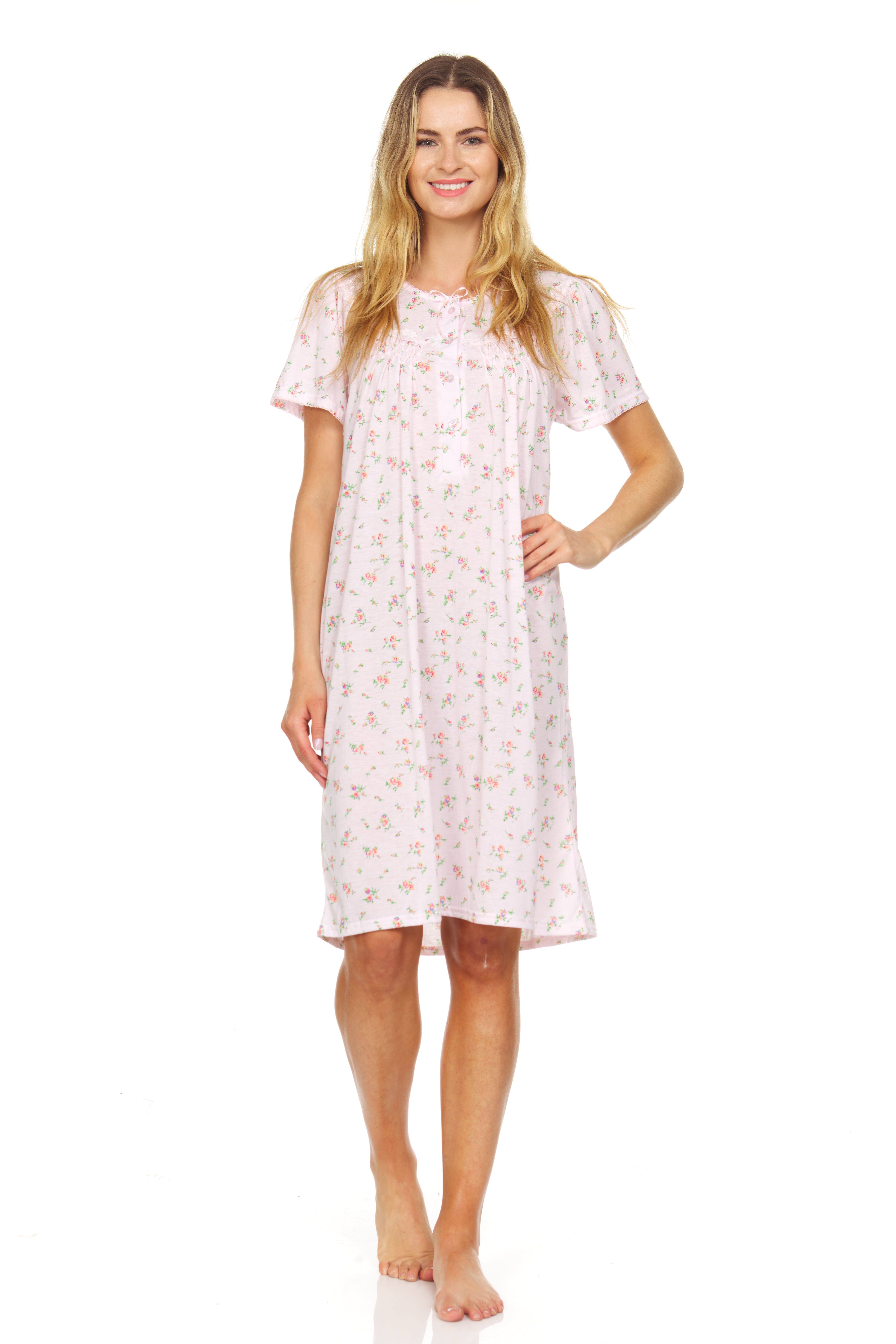 00136 Women Nightgown Sleepwear Pajamas Short Sleeve Sleep Dress Nightshirt Pink XL