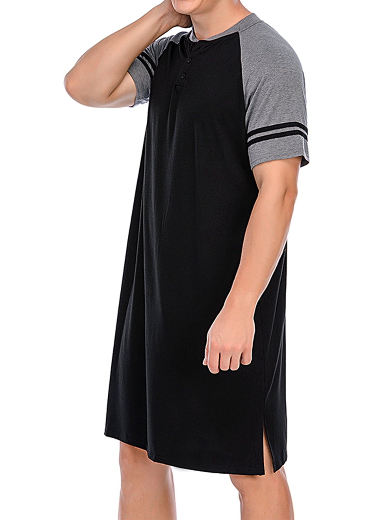 Dodoing Mens Sleep Shirt Long Sleepwear Raglan Sleeve Nightshirt Patchwork Button Loose Pajama