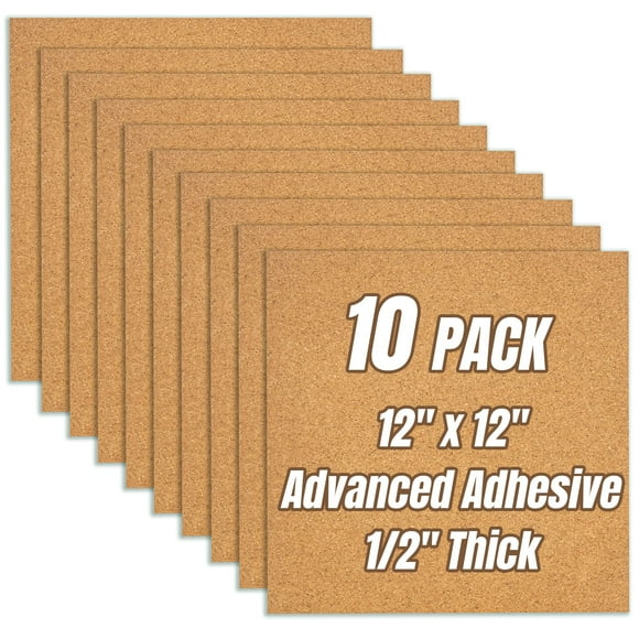 CRCHOM Cork Board Tiles 12"x12" - 1/2" Thick 10 Pack Cork Board Square Bulletin Boards Self Adhesive Corkboards for Walls Pin Boards Corkboards for Office Home School Decor