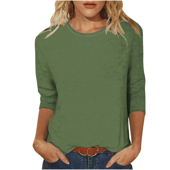 3/4 Length Sleeve Womens Tops Fashion Fall Casual Crew Neck Shirts Trendy Solid Tees Cute Loose Comfy Blouses Fall Winter White T Shirts Casual Going Out Tops for Women