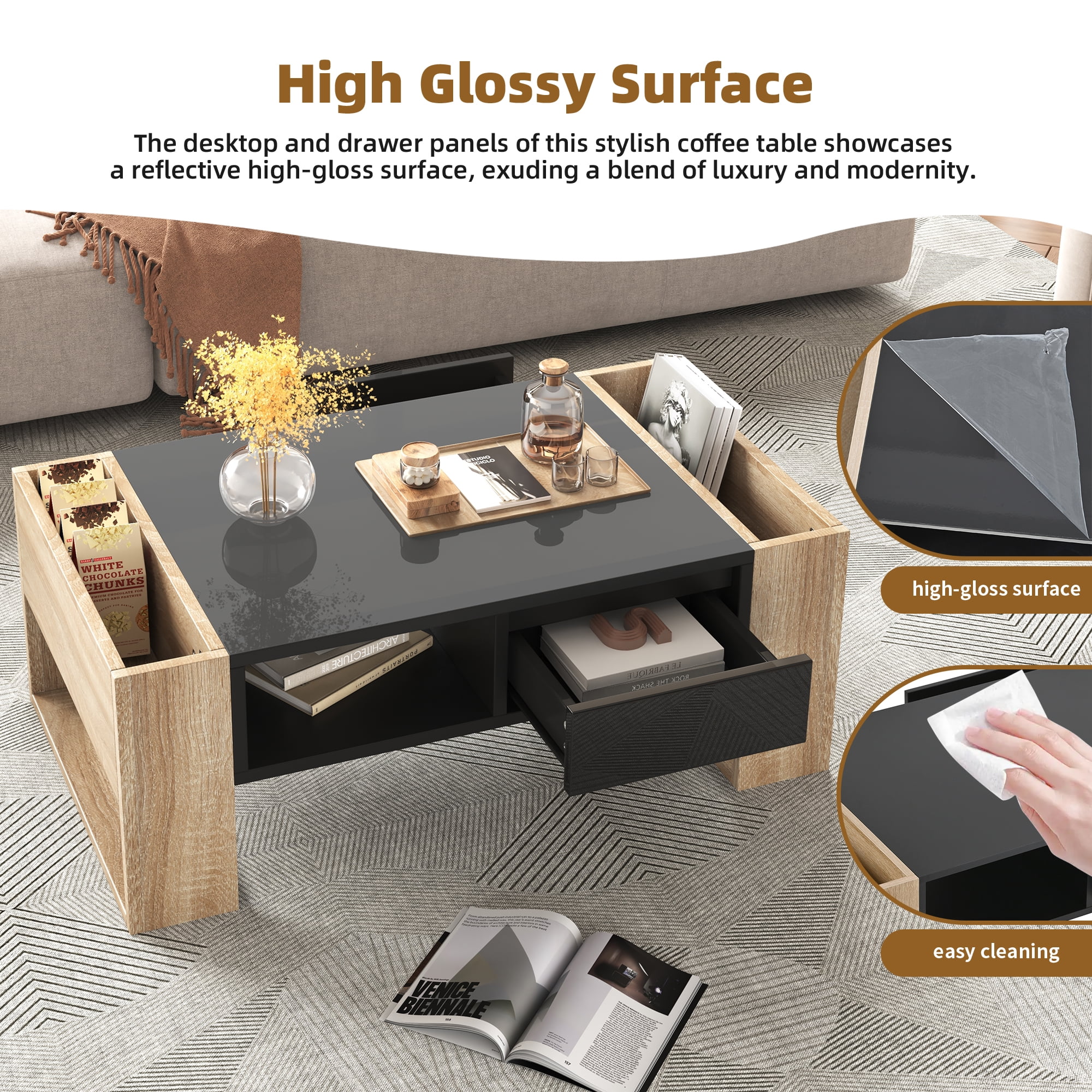 Euroco High Glossy Coffee Table with 2 Drawers, Practical Two Tone Center Table with Hidden Compartments, Rectangle Cocktail Table with Open Storage Shelf for Living Room, Bedroom