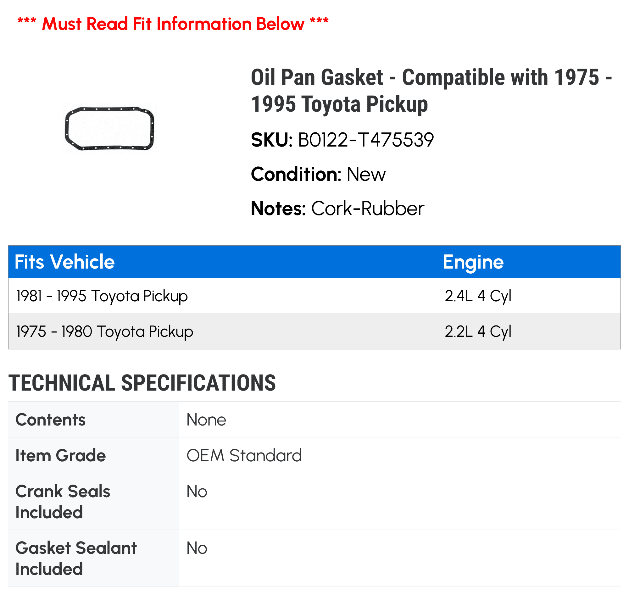 Oil Pan Gasket - Compatible with 1975 - 1995 Toyota Pickup 1976 1977 1978 1979 1980 1981 1982 1983 1984 1985 1986 1987 1988 1989 1990 1991 1992 1993 1994