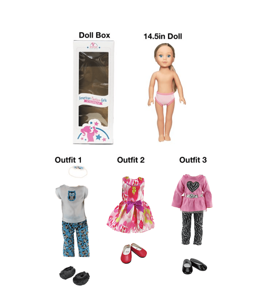 14.5in Doll Sapphire Blonde Hair Blue Eyes Three Outfits and Box Included | American Fashion World