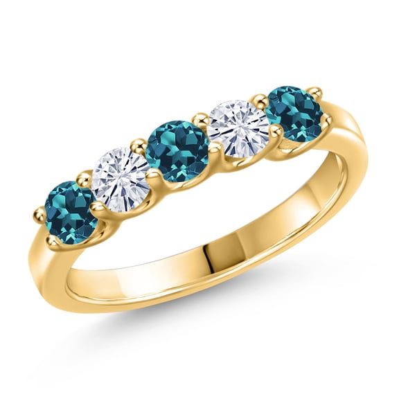 Gem Stone King 18K Yellow Gold Plated Silver London Blue Topaz and White Moissanite Wedding-Bands Ring for Women | 0.98 Cttw | Round 3.5MM | Gemstone November Birthstone | Size 6